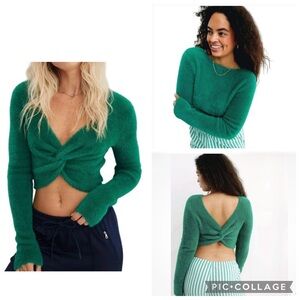 Aerie Fluffy 4 Ever Reversible Twist Sweater in Green Envy NWT Size S
